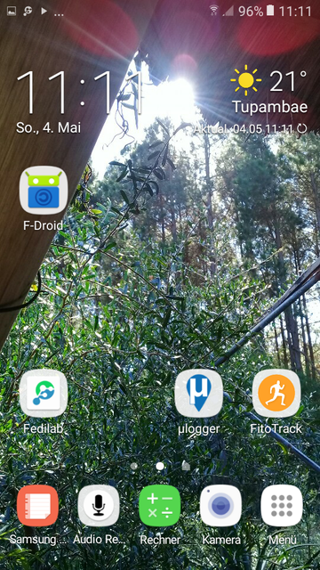 Pantallazo del sol manianero entre copas de pinos de hoy como fondo de pantala de cellular con los datos del dia y los APP's de utilidad del momento.
