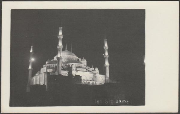 Monochrome real photographic postcard showing a view of the Sultan Ahmed Mosque at Istanbul in Turkey.

Publisher not stated, not numbered, Tensi photo paper, c.1930.

Postally unused.

Very good condition, with very slight corner bumps.
