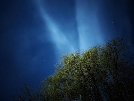 A night-time shot shows clouds that look like bright, vertical beams of light against a dark blue sky. The light appears to emanate from behind a tree in the foreground, creating a dramatic effect. The tree's branches are silhouetted against the sky.