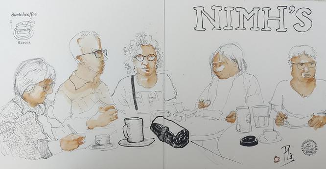 Retratos de los participantes en el Sketchcoffe sentados en la terraza de la cafeteria. Dibujo con pluma estilografica sombreado con tinta sepia diluida con agua.