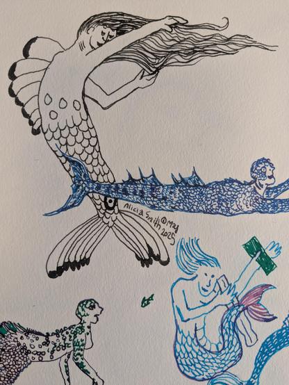 A simply drawn merfolk grooms their hair with their hands. They have a false eye near their tail and quit a drill like black edged dorsal fin.