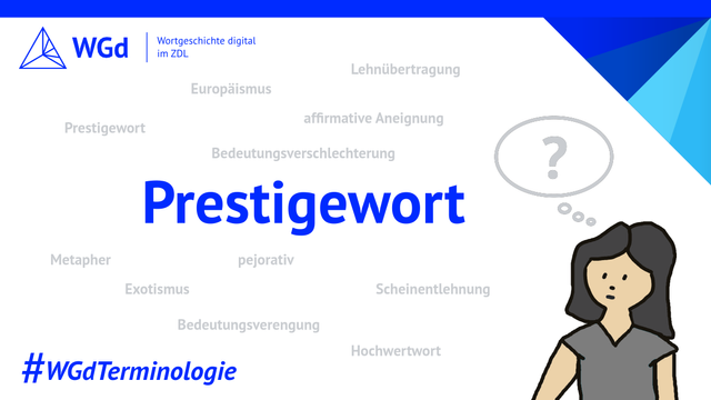 Blauer Schriftzug mit dem Wort Prestigewort, Zeichnung einer Frauenfigur mit Denkblase, die ein Fragezeichen enthält, im Hintergrund in hellgrau verschiedene Fachbegriffe aus der Wörterbucharbeit, Logo des Wörterbuchprojekts Wortgeschichte digital im ZDL, Hashtag WGdTerminologie