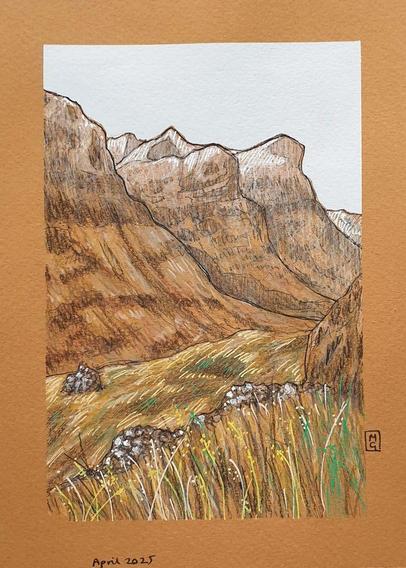 A small drawing of the Three Sisters of Glencoe. A highland mountain scene. The drawing is on terracotta coloured paper. It measures 5 by 7 inches.
The Three Sisters of Glencoe are among the most iconic and breath taking sights in the Scottish Highlands. These three towering ridges dominate the landscape of Glencoe, offering a dramatic and awe-inspiring view.
An original art work
Colour pencil and mixed media on acid free toned artist paper
5 by 7 inches (12.7 by 17.8 cm).
Sold unframed