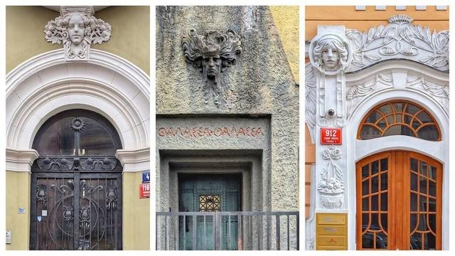 A triptych showcasing three distinct Art Nouveau doorways in Prague. The left panel features a black metal gate with organic designs beneath a white arched frame adorned with a sculpted female face and floral motifs. The central panel displays a weathered stone facade with a carved mask-like face above a muted teal double door and Greek inscription in red lettering. The right panel shows a warm-toned wooden double door with a fanlight window, framed by an ornate white archway with a sculpted female face and flowing decorative elements. Red and blue address plaques are visible near each entrance.