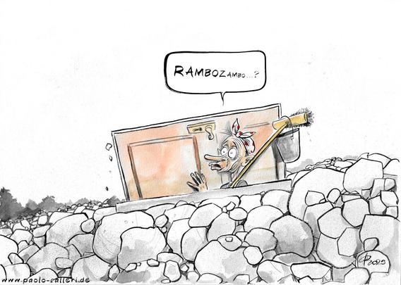 Karikatur. Friedrich Merz öffnet eine Tür, die mitten in einer Trümmerlandschaft begraben ist, und über die er nach draußen treten will. Merz trägt ein gepunktetes Tuch, das er um die Stirn gebunden hat. Außerdem führt er einen Besen und einen Eimer mit sich. Er scheint erstaunt, was er da sieht.