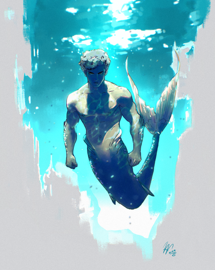 Illustration of merman underwater water looking at the front
