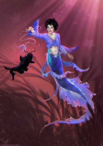 Iris as a mermaid, playing with her black catfish using a piece of fishing line with a feather bait. Iris is a young white woman with medium-short black hair. She's wearing a floaty purple bolero top and a belly chain made of silver starfish. Her tail is very long and iridescent purple, with lace-like fins.