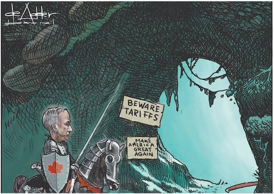 Cartoon by Michael de Adder, award-winning editorial cartoonist and past president of the Association of Canadian Editorial Cartoonists.

de Adder portrays Mark Carney, Prime Minister of Canada, going to Washington on May 6, 2025 to meet with the U.S. President:

Carney dressed as a knight in shining armor on horseback enters a dark, sinister-looking cave with two signs at the entrance: "Beware of tariffs" and "Make America Great Again". He carries a shield with Canadian maple leaf emblem and a lance.
