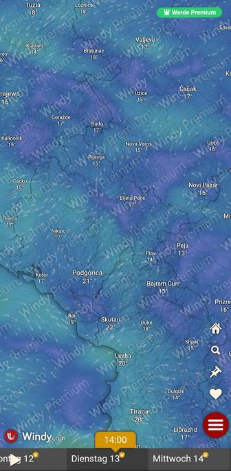 Die Wettervorhersage auf einer Karte von Albanien, Montenegro, Bosnien und dem Kosovo für den 13. Mai um 14 Uhr.