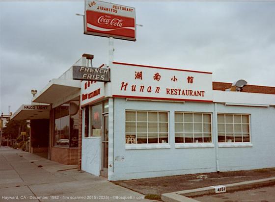 Photo of a store-front cafe in a 1960s style downtown as seen from the side; cafe is light blue with signage for "Hunan Restaurant" and Los Jibaritos Restaurant" and "French Fries." Overcast sky.
©BosqueBill.com