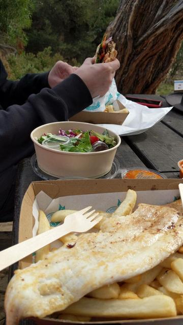 grilled fish, and chips in the foreground.
bowl of take-away salad
someone eating a hamburger with chips in the background.
coastal forest with picnic table location
