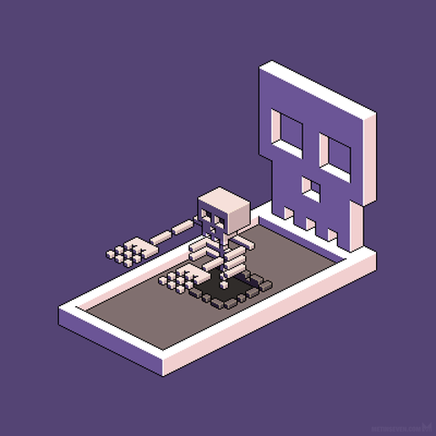 Isometric pixel art, showing a skeleton rising from a grave. The grave-stone has the shape of a skull.