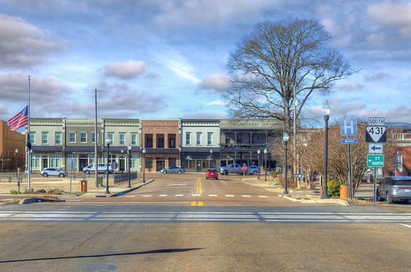A small-town street features a row of colorful historic buildings and a prominent leafless tree.