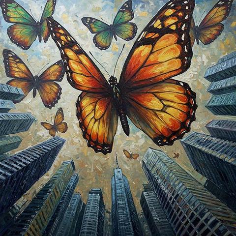 A vibrant scene captures giant butterflies soaring majestically above towering city skyscrapers, creating a surreal juxtaposition. The scene conveys a sense of freedom and wonder as nature meets urban architecture.