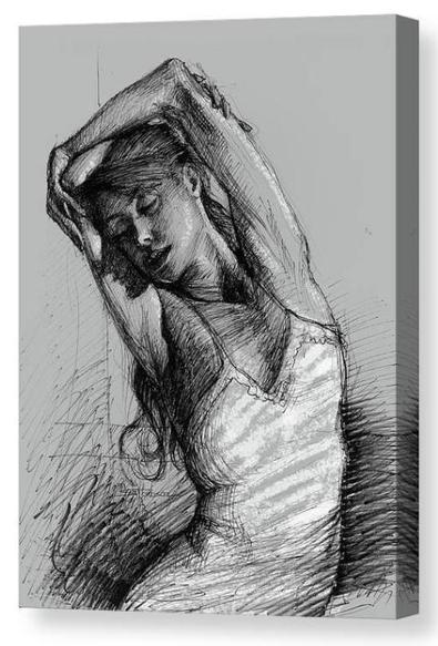 Canvas print of an original drawing depicting a woman, arms wrapped overhead, stretching.