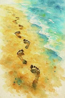 Footprints trail across a sandy beach, leading towards the gentle waves of the ocean. Vibrant shades of blue, yellow, and tan create a serene coastal scene.