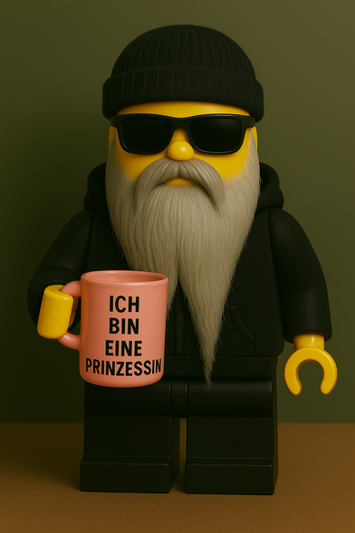 Eine gelbe Legofigur mit langem grauen Vollbart, schwarzer Sonnenbrille, schwarzem Hoodie und schwarzer Mütze steht vor olivgrünem Hintergrund auf einer braunen Fläche. Die Figur hält in der linken Hand eine rosa Tasse mit schwarzer Aufschrift:
„ICH BIN EINE PRINZESSIN“.

Die Figur wirkt cool und selbstbewusst, und die Tasse setzt einen humorvollen, kontrastierenden Akzent.