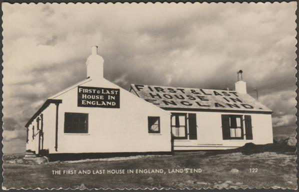 Monochrome real photographic postcard showing a view of the First and Last House at Land's End in Cornwall.

Publisher not stated, 5059 Style and V in stamp box (Valentine & Sons Ltd), No 122, with Land's End cachet type L.E. 72 (c.1956), c.1950s.

Postally unused.

Very good condition, with minimal corner bumps, but tiny chip to bottom left corner and light mark to bottom left corner of back.