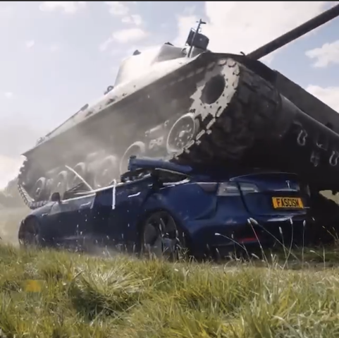 Sherman tank driving over and crushing a blue Tesla with a license plate that says 'Fascism'