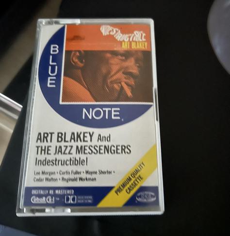 Cassette of Art Blakey and The Jazz Messenger’s album Indestructible!
It’s a Blue Note release with the distinctive album cover top right and cool Blue Note design in blue and white.