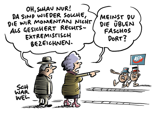Älteres Ehepaar auf der Straße. Gegenüber zwei AfD-Kartoffeln mit Hitlergruß, Reichsmütze und AfD-Transpi.  Mann: „OH, SCHAU NUR! DA SIND WIEDER SOLCHE, DIE WIR MOMENTAN NICHT ALS GESICHERT RECHTSEXTREMISTISCH BEZEICHNEN.“ Sie zeigt auf die AfD-Nazis: „MEINST DU DIE ÜBLEN FASCHOS DORT?“ (Credit: SCHWARWEL)
