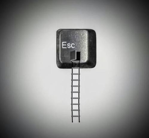 Die Escape-Taste einer Tastatur, in der eine kleine Tür ist.
An der Tür steht eine kleine Leiter.