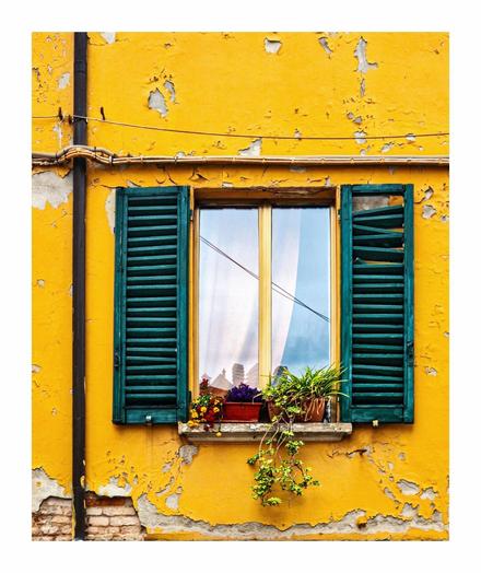 A photo of a window on a yellow wall. The window is located a little right of centre in the photo. It has green/blue wooden shutters on either side of it and on it's windowsill sits some plants and flowers. The window is on a bright yellow wall which has a patchwork texture and some light coloured bricks are visible through the crumbled exterior. above the window a think pipe runs across the photo and to the left of the window another pipe runs down.