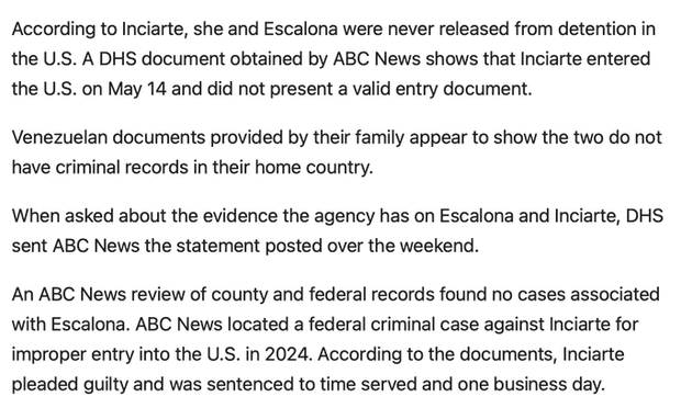 Text discussing the legal situation of two individuals, Inciante and Escalona, regarding their detention in the U.S. and associated criminal records. It references a DHS document, evidence of lack of criminal records from Venezuela, and an ABC News review of…