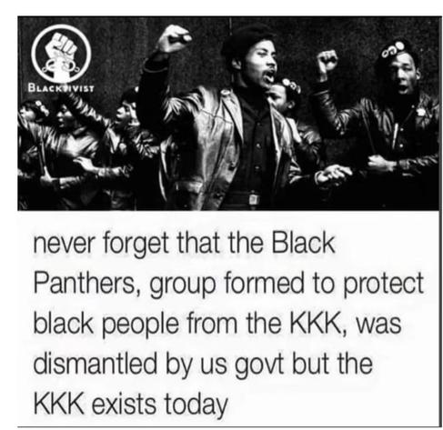 Never forget that the Black Panthers, a group formed to protect black people from the KKK, was dismantled by US government, but the KKK exists today.
