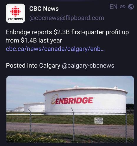 CBC News
Enbridge reports $2.3B first-quarter profit up from $1.4B last year