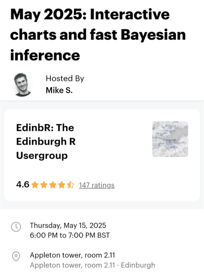 Screenshot of meetup page showing date 15th may at 6pm in 2.11 Appleton tower.