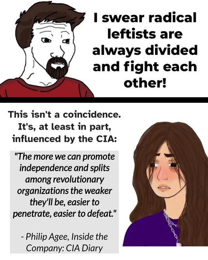 Man: I swear radical leftists are always divided and fight each other!

Woman: This isn't a coincidence. It's, at least in part, influenced by the CIA:

"The more we can promote independence and splits among revolutionary organizations the weaker they'll be, easier to penetrate, easier to defeat."

- Philip Agee, Inside the Company: CIA Diary