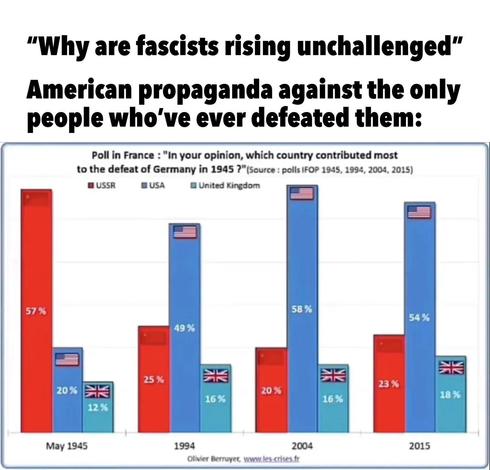 "Why are fascists rising unchallenged"

American propaganda against the only people who've ever defeated them:

Poll in France: "In your opinion, which country contributed most to the defeat of Germany in 1945?" (Source: polls IFOP 1945, 1994, 2004, 2015)