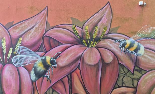 Streetart in Hamburg-Eimsbüttel: Hummeln fliegen über Blüten