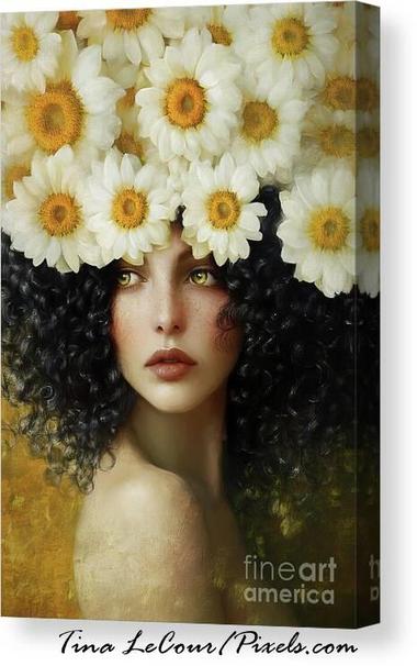 This is a portrait of a pretty woman with striking green eyes, black curly hair wearing a crown of daisy flowers.