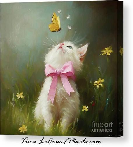 This is a canvas of a pretty white kitten wearing a pink bow looking up at a yellow butterfly.