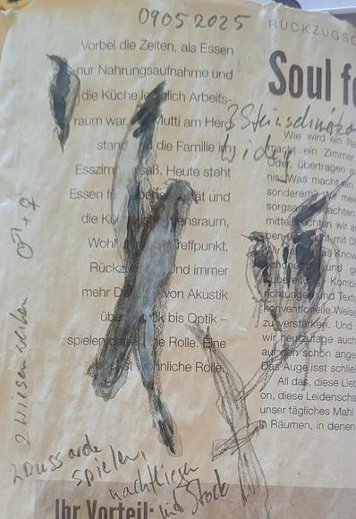 Aquarellskizze auf Zeitungspapier: einige Skizzen von verschiedenen Vögeln in dunkelgrau,  durcheinander, dazwischen Notizen mit Bleistift