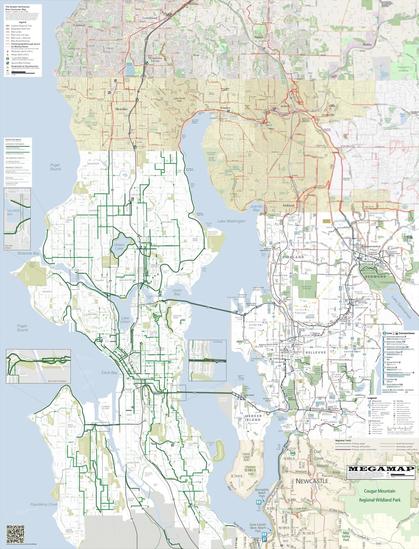 Screen-resolution preview of MEGAMAP 1.7, a large-area bike map ranging from Lynnwood, Washington in the north to Renton, Washington in the south, Seattle in the west to Maltby and King County in the east.