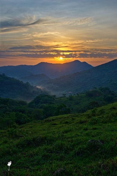 A vertical photo of a green mountainous landscape with numerous trees and grass. A small valley with houses and roads can be seen. The orange sun is rising directly over a mountain with a few long clouds in the sky.