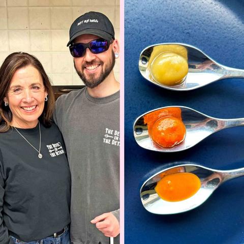 A split image on the right are Lana Doucette and her son Jacob Wilkinson. On the right are three spoons, each with a blob of hot sauce