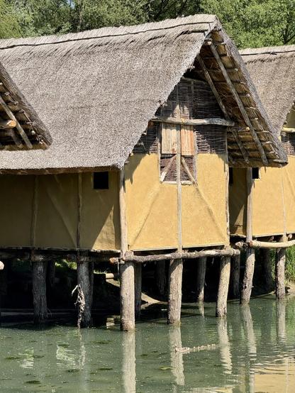 Piles over water suspend several dwellings made of timber frames with wattle & daub; thatched roof.