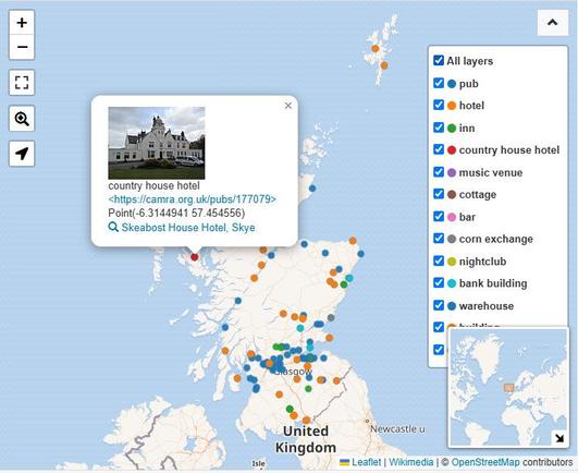 A Wikidata + Leaflet + OpenStreetMap map of Scotland showing pub location dots. To the right is a table showing available layers. To the left is one opened-out example, Skeabost House Hotel on Skye.