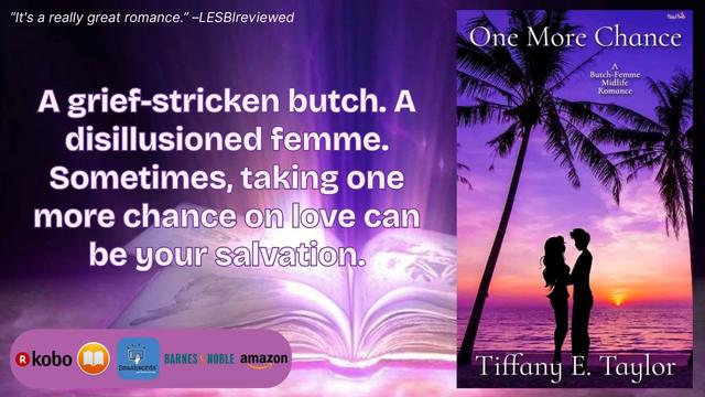 The book cover of One More Chance by Tiffany E. Taylor on an illuminated light and dark purple graphics background with a light shooting up from a rendered book illustration, a review quote, the book blurb, and the purchase location icons.