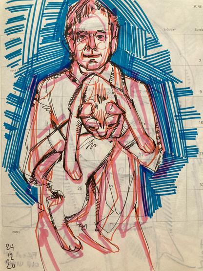sketch of a person holding a droopy cat