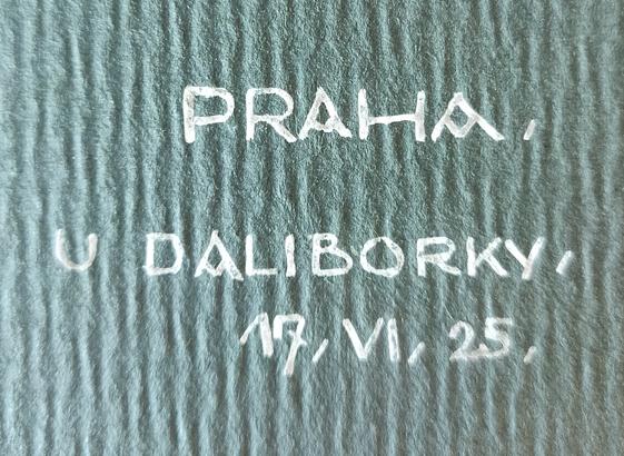 Caption from the album, handwritten note stating the date and location, Prague, golden lane, June 1925