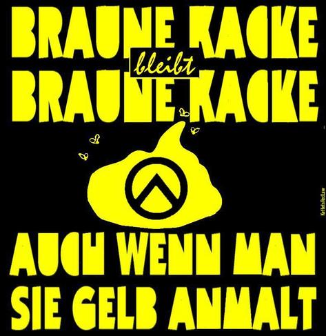 Ein Haufen Scheiße mit dem Logo der Identitären. Dazu der Text: Braune Kacke bleibt braune Kacke,auch wenn man sie gelb anmalt.