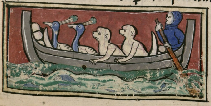 miniature painting from a medieval illuminated manuscript - boat carrying two peacocks and two apes with human rowing in rear