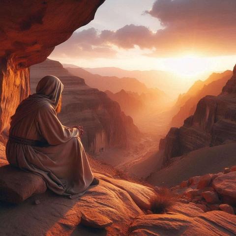 Ein Mann mit einem weißen Kaftan und weißem Turban sitz in eine rHöhle und schaut den Sonnenaufgang in der Wüste entgegen.