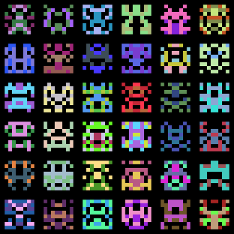 a 6x6 grid of multicolored 8x8 pixel aliens a la space invaders