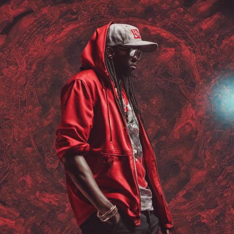 Hip-hop music art: Black man facing right, dreadlocks hanging down his front, red hoodie, grey baseball cap and grey sweater with red text & imagery, dark trousers, background of swirling red and black, like mixed oils.